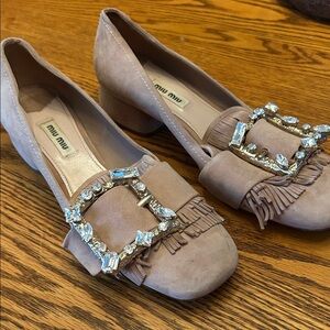 Miu Miu Beige Suede Loafers with Crystal Buckle